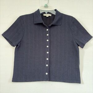 Atelier womens Blue Short Sleeve White Button Up Sweater Preppy Work Casual XL